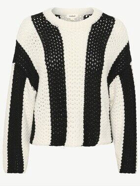 Striped Crochet Crew Sweater - Black & White Small